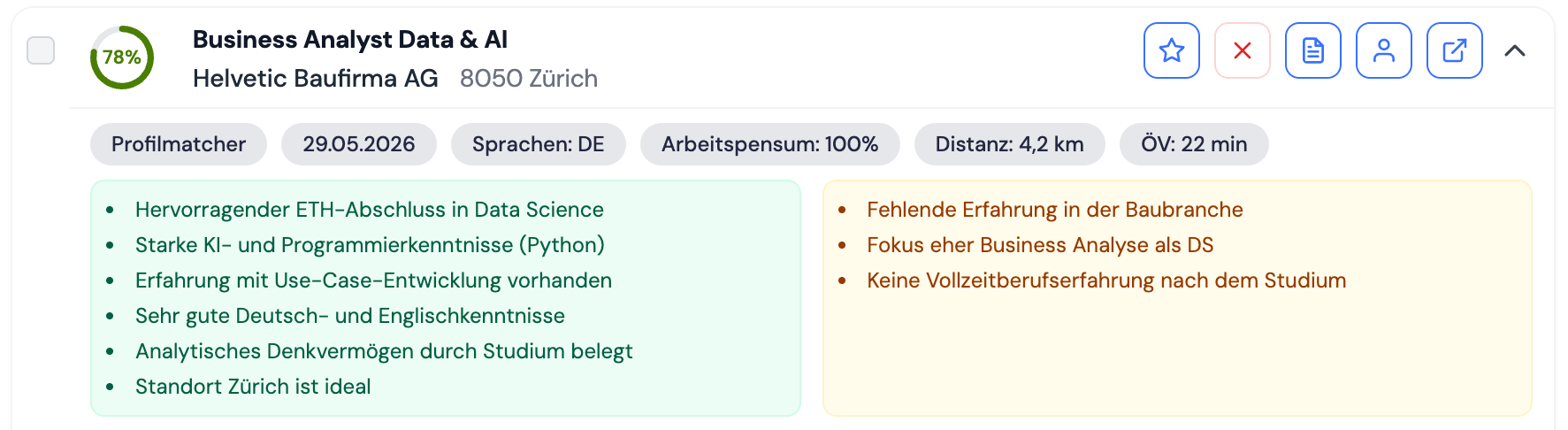 A matching result in talentkiwi: a scored job card listing the candidate's strengths and gaps side by side.